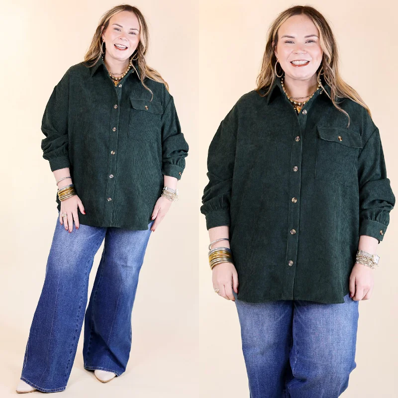 All Dolled Up Button Up Corduroy Shacket in Forest Green Classic Striped Blouse