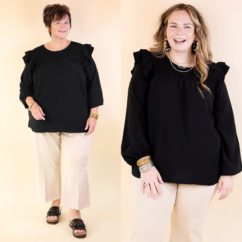 Balcony Nights Ruffle Shoulder Long Sleeve Blouse in Black Embroidered Cotton Blouse