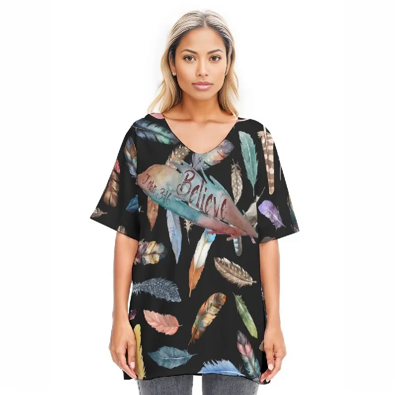 BELIEVE Black Feather Print Draped Sleeve Cotton Blouse Satin Bow Blouse
