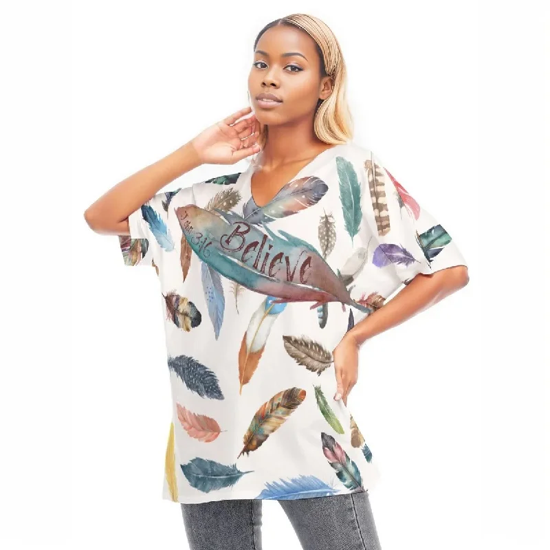 BELIEVE White Feather Print Draped Sleeve Cotton Blouse Puff Sleeve Blouse