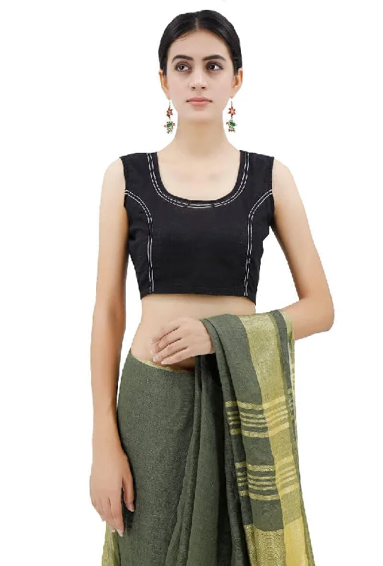 Black Blouse With Cotton Thread Stitch Lines Oversized Silk Blouse