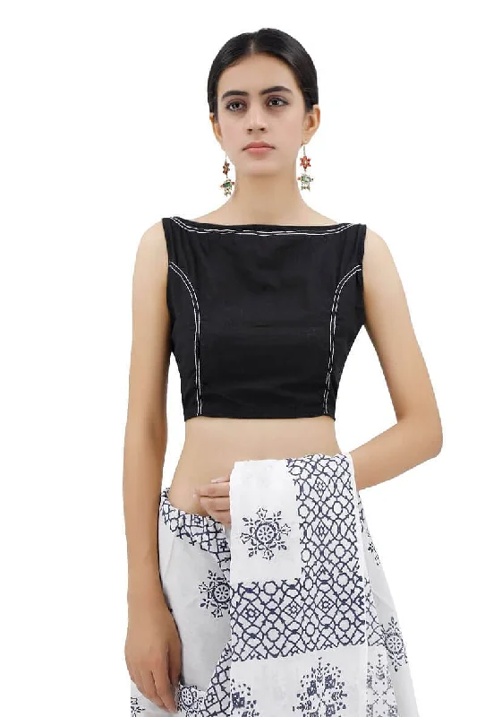 Black Boat Neck Blouse With Stitch Lines Embellished Collar Blouse