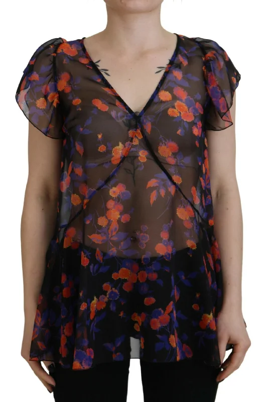 Black Floral Print Short Sleeves V-neck Blouse Top Slim Fit Blouse