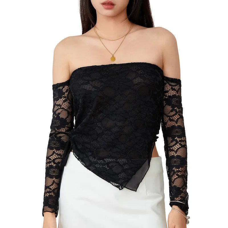 Black Lace Off-Shoulder Asymmetrical Blouse Satin Drape Blouse