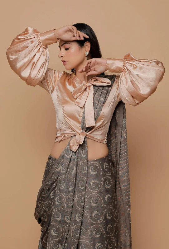 Beige Organza Silk Sheer Puffed Sleeve Blouse Boho Printed Blouse
