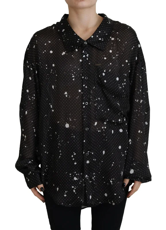Black Polka Dots Collared Button Down Blouse Top Asymmetric Hem Blouse