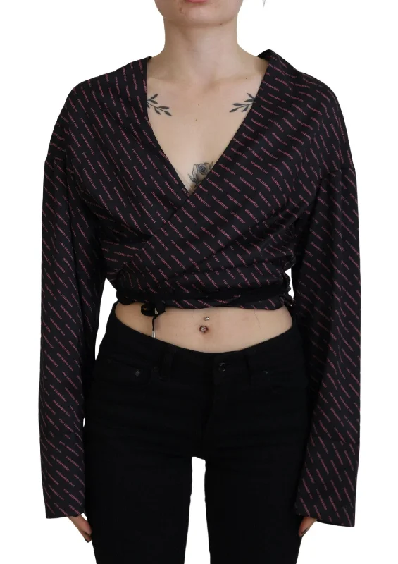 Black Polyester Cropped Logo Printed Blouse Top Gathered Detail Blouse