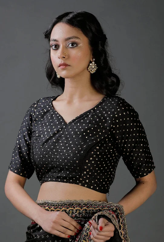 Black Raw Silk Block Printed Blouse Casual Button Blouse