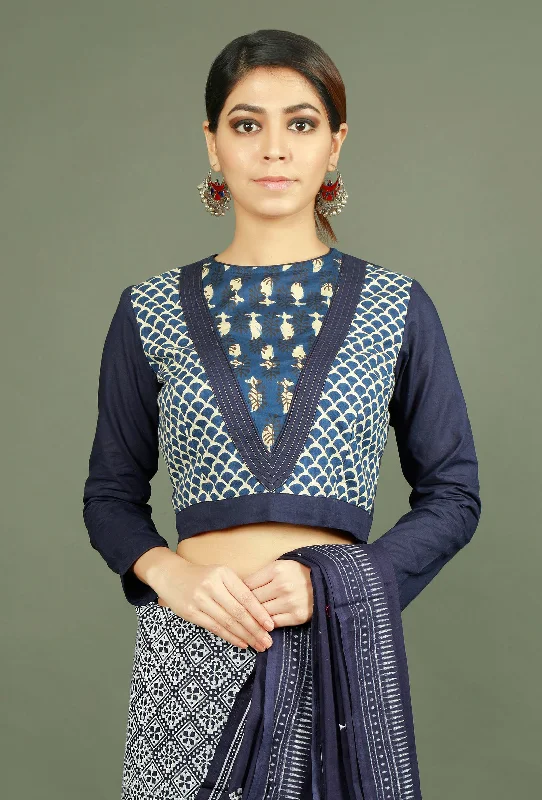Blue Cotton Baghru Patchwork Blouse Polished Work Blouse