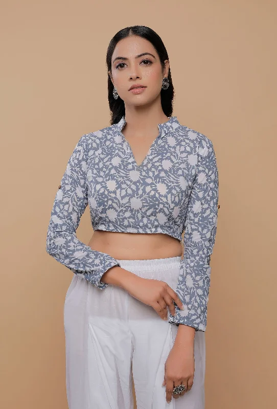 Blue Handblock Printed Cotton V Neck Line With Stand Collar Blouse Chic Off-Shoulder Blouse
