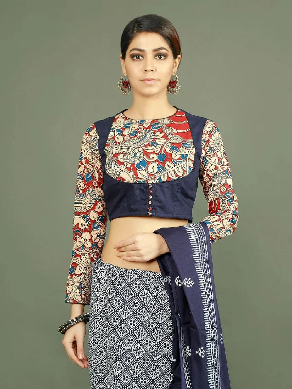 Blue Kalamkari Pure Cotton Blouse Asymmetric Hem Blouse