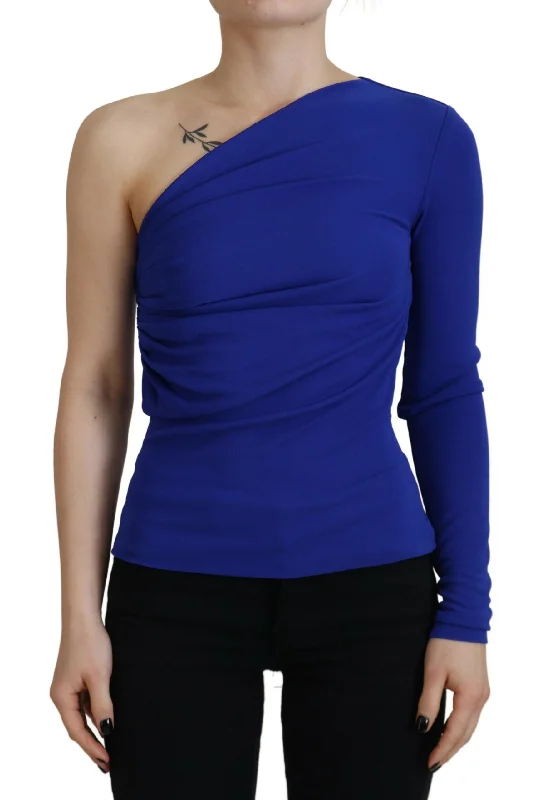 Blue Viscose One Shoulder Slim Fit Blouse Top Sleeveless Chiffon Blouse