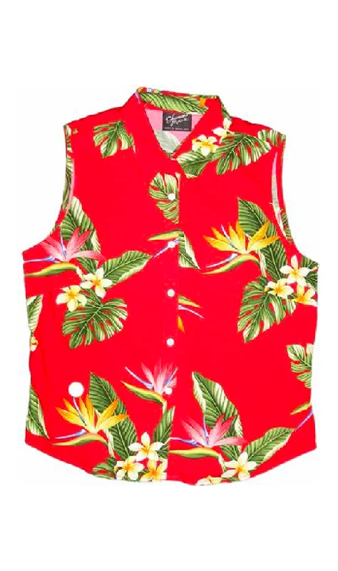 BOP Plumeria Ladies Hawaiian Sleeveless Blouse in Red Floral Chiffon Blouse