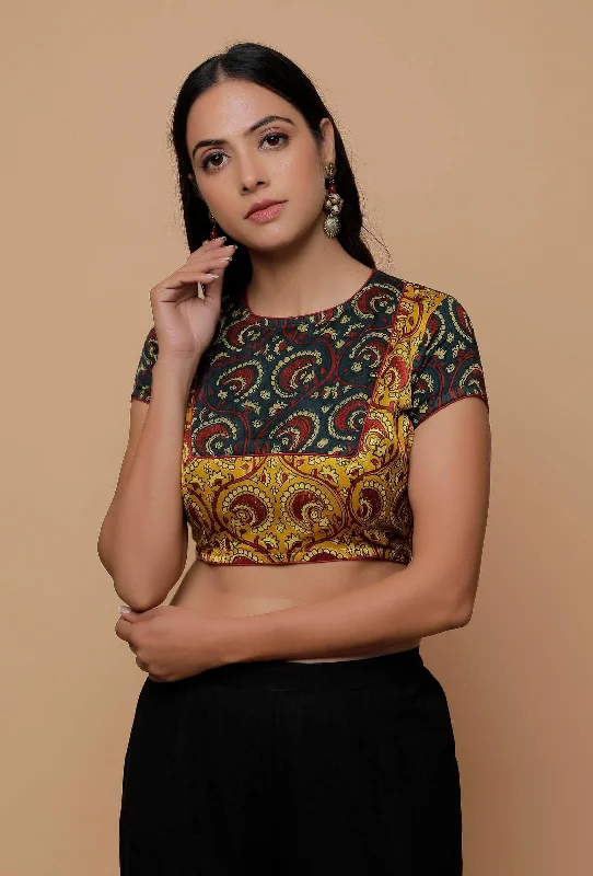 Bottle Green And Yellow  Printed Mashru Back Key Hole Blouse Lightweight Tunic Blouse