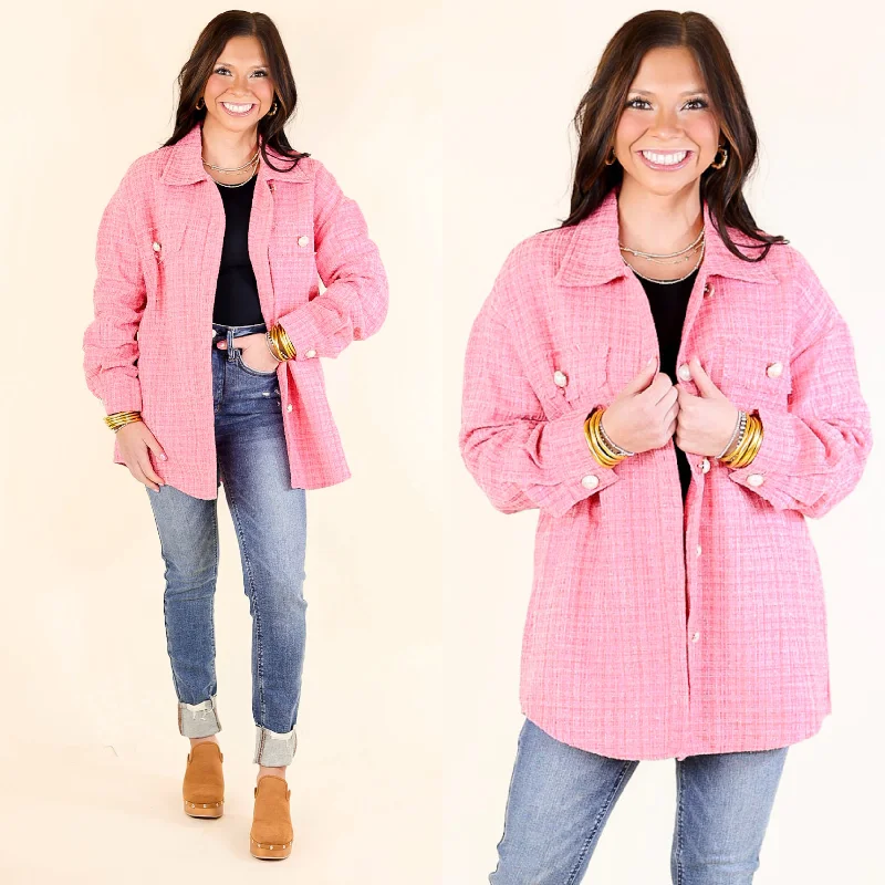 Brooklyn Buzz Pearl Button Up Tweed Shacket in Pink Office Formal Blouse