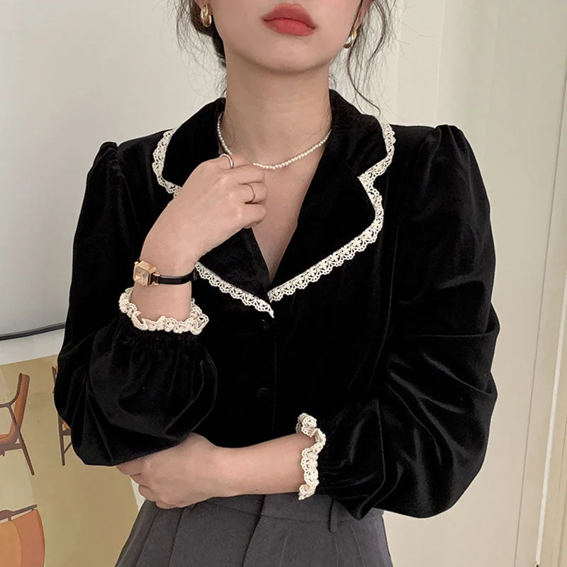 Bubble Sleeve Velvet Blouse Top For Women Soft Satin Blouse