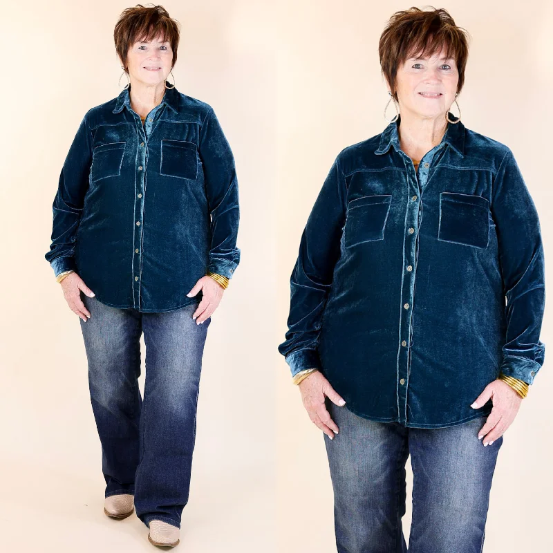Candy Apple Evening Button Up Velvet Long Sleeve Blouse in Teal Blue Elegant Office Blouse