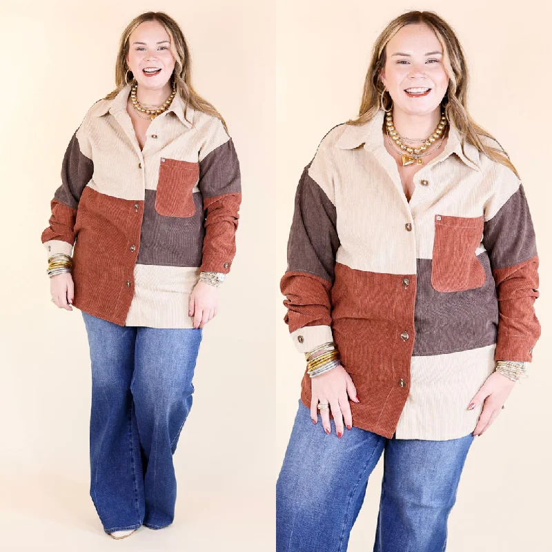 Casual Cuddles Color Block Corduroy Shacket in Brown Mix Gathered Detail Blouse
