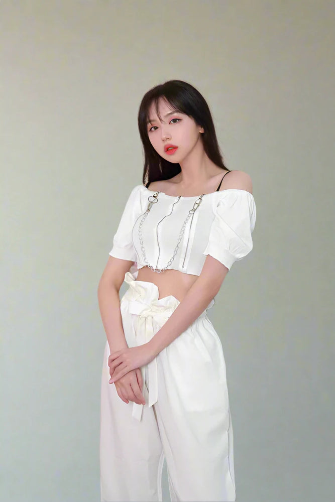 Chain Reaction - Off-Shoulder Black Blouse with Edgy Chains Sheer Sleeve Blouse