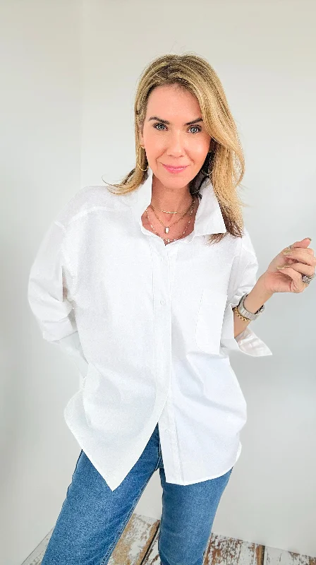 Chic Comfort Button-Down Blouse- White Elegant Silk Blouse