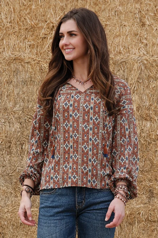 Cruel Denim Ladies Brown Printed Peasant Blouse - CTW7329002 Business Casual Blouse
