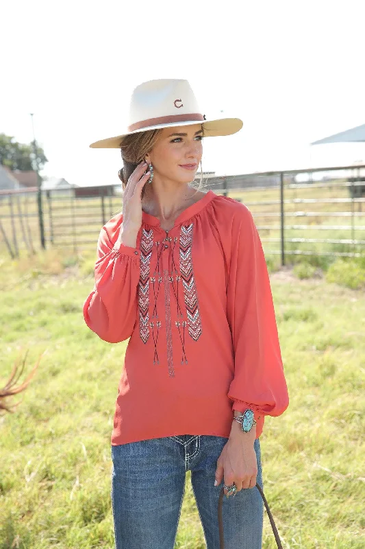 Cruel Denim Ladies Georgette Blouse - Red - CTW7377002 Subtle Shimmer Blouse