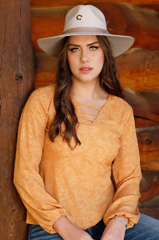 Women's Gold Print Long Sleeve Blouse Slim Fit Blouse