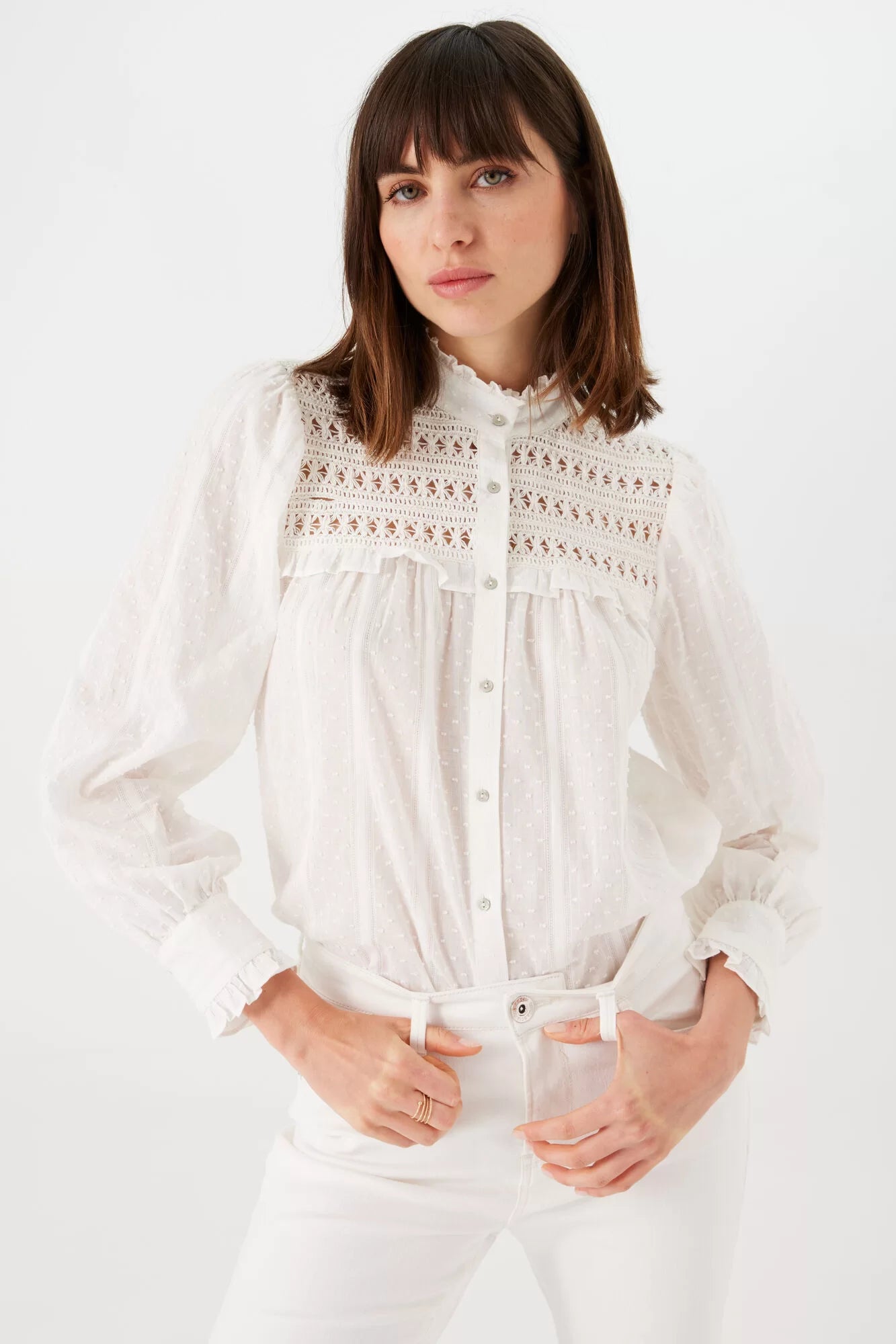 DOBBY BLOUSE OFF WHITE Feminine Ruffle Blouse