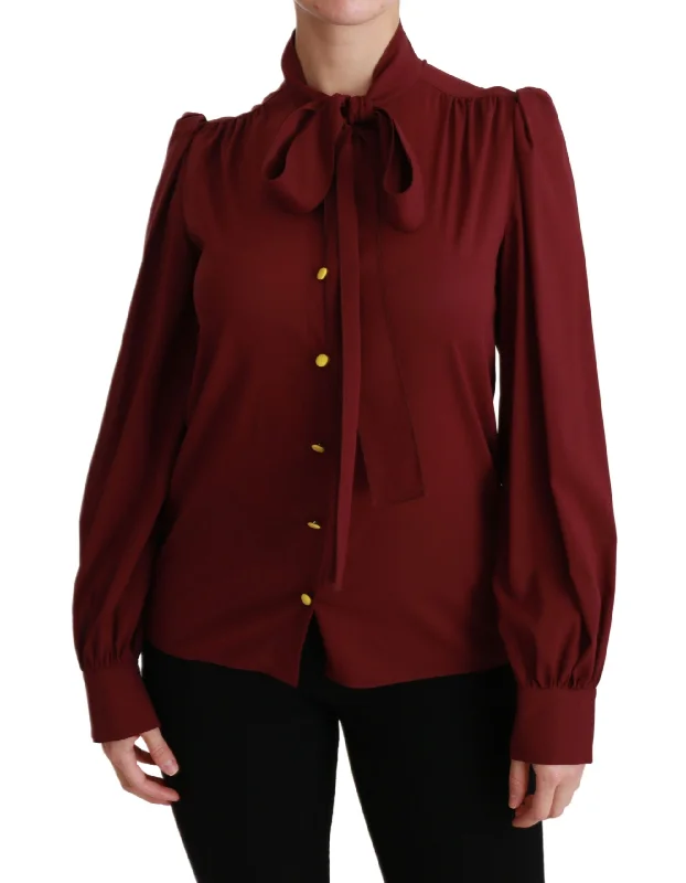 Elegant Maroon Silk Blend Polo Blouse Feminine Tie Blouse
