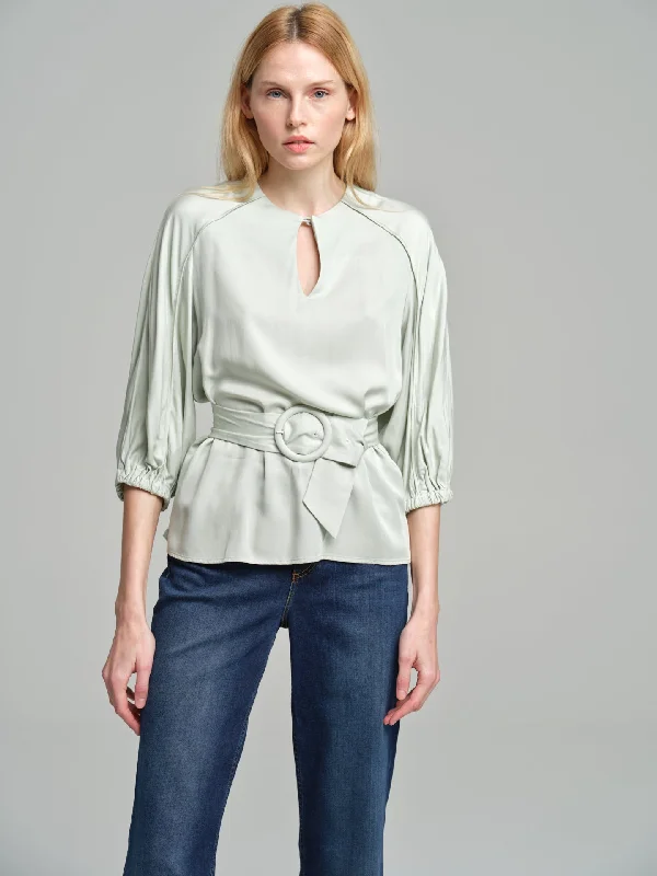 Fancy belted blouse with tear drop neckline Backless Summer Blouse