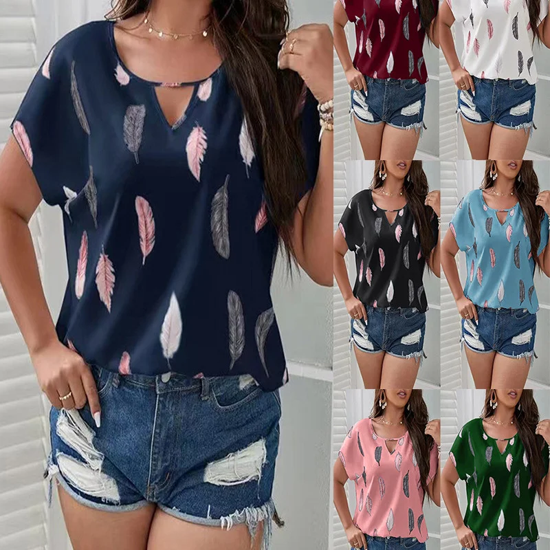Fashion Casual Summer Vacation Plus Size Women V-Neck Feather Print Short-Sleeved Casual Blouse Soft Knit Blouse