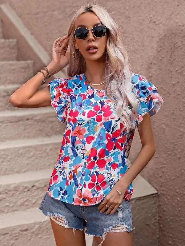 Fashion Women Summer Vacation Floral Print Double Layer Ruffled Short-Sleeved Blouse Balloon Sleeve Blouse