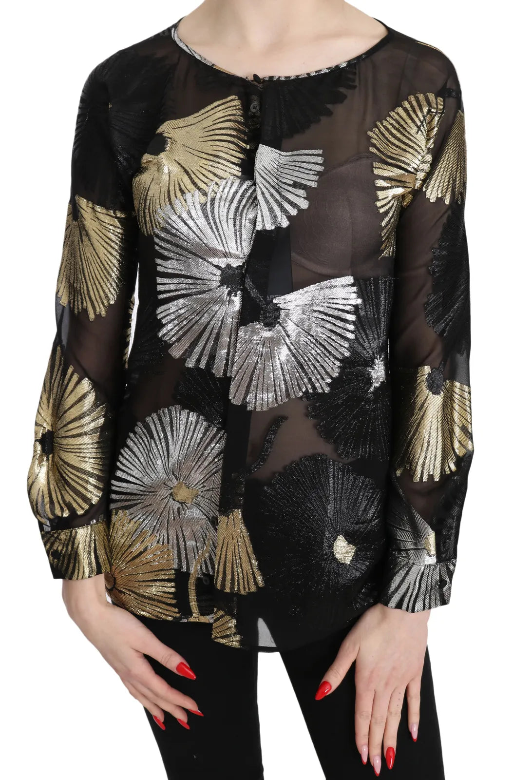 Gold Silver Silk Jacquard See Through Top Blouse Chic Sleeveless Blouse