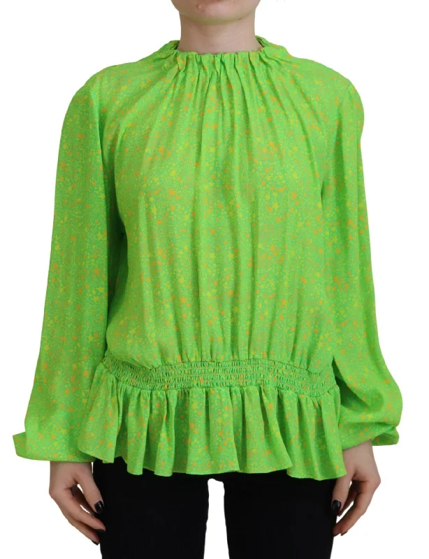 Green Stars Print Viscose Long Sleeves Blouse Top Feminine Tie Blouse