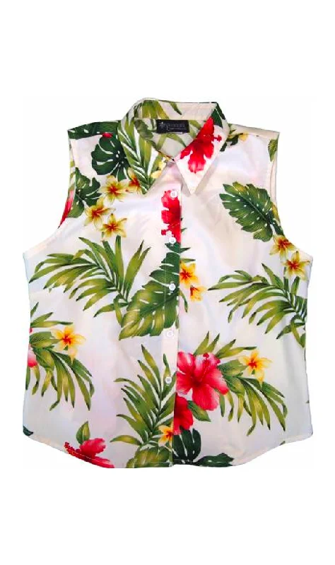 Hibiscus Palm Ladies Hawaiian Sleeveless Blouse in Cream Sleeveless Chiffon Blouse
