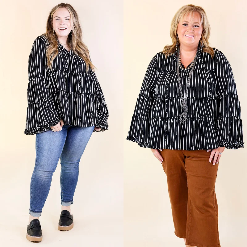 Impressive Touch Striped Bell Sleeve Tiered Blouse in Black Chic Off-Shoulder Blouse