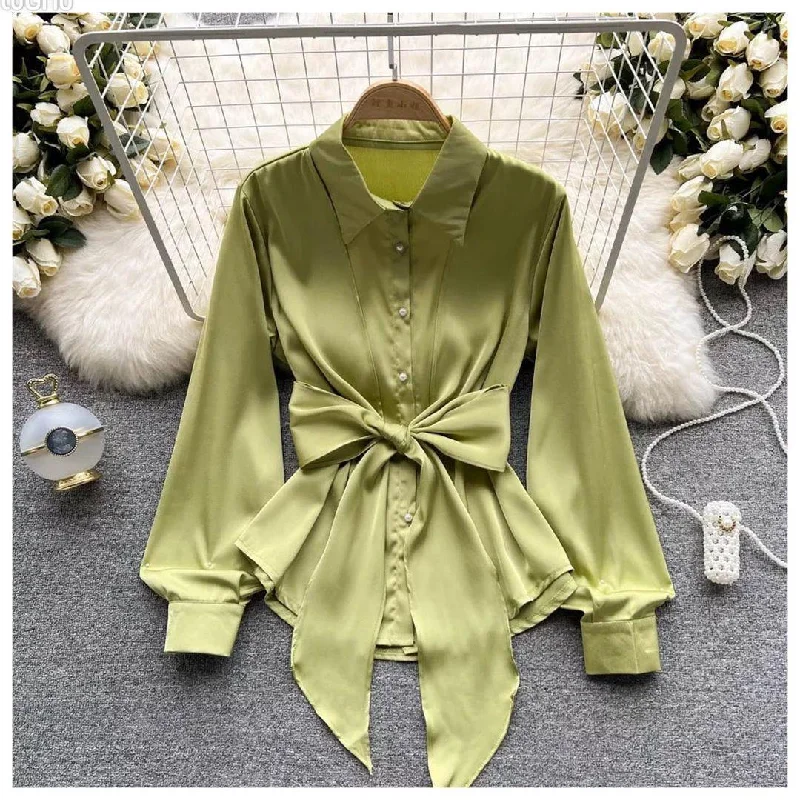 Jade Silk Blouse Delicate Bow Blouse