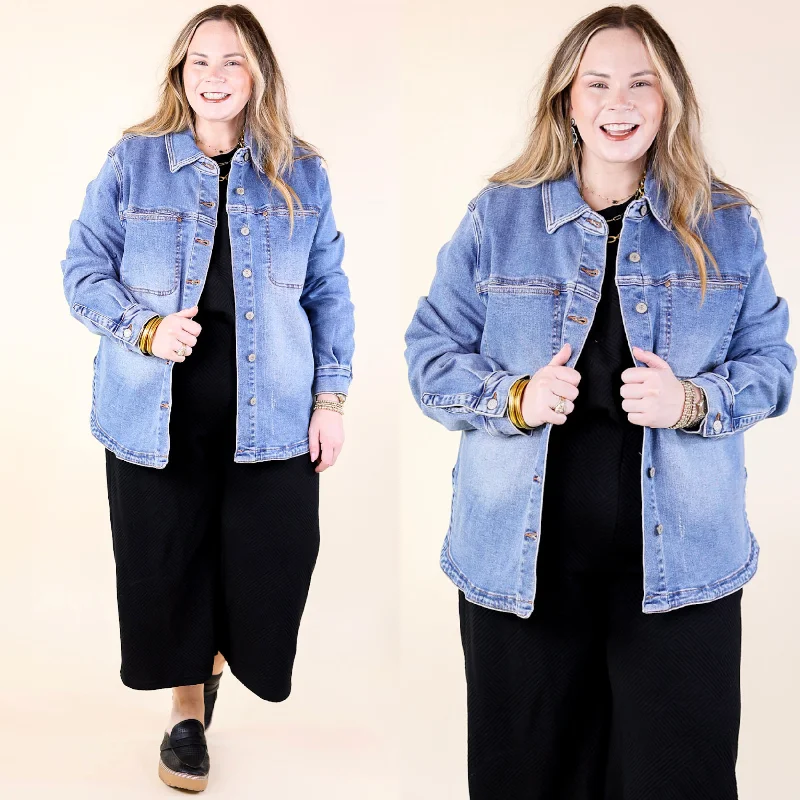 Judy Blue | Feeling Refreshed Button Up Denim Shacket in Medium Wash Soft Satin Blouse