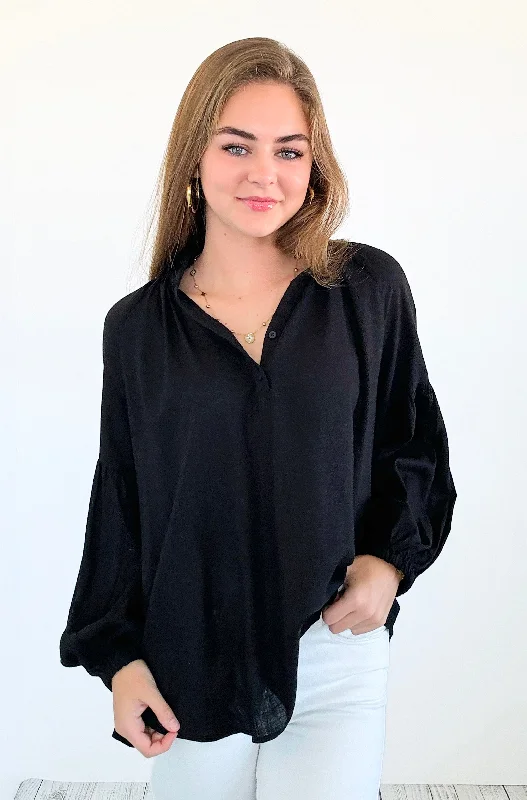 Savannah Breeze Peasant Blouse - Black Feminine Tie Blouse
