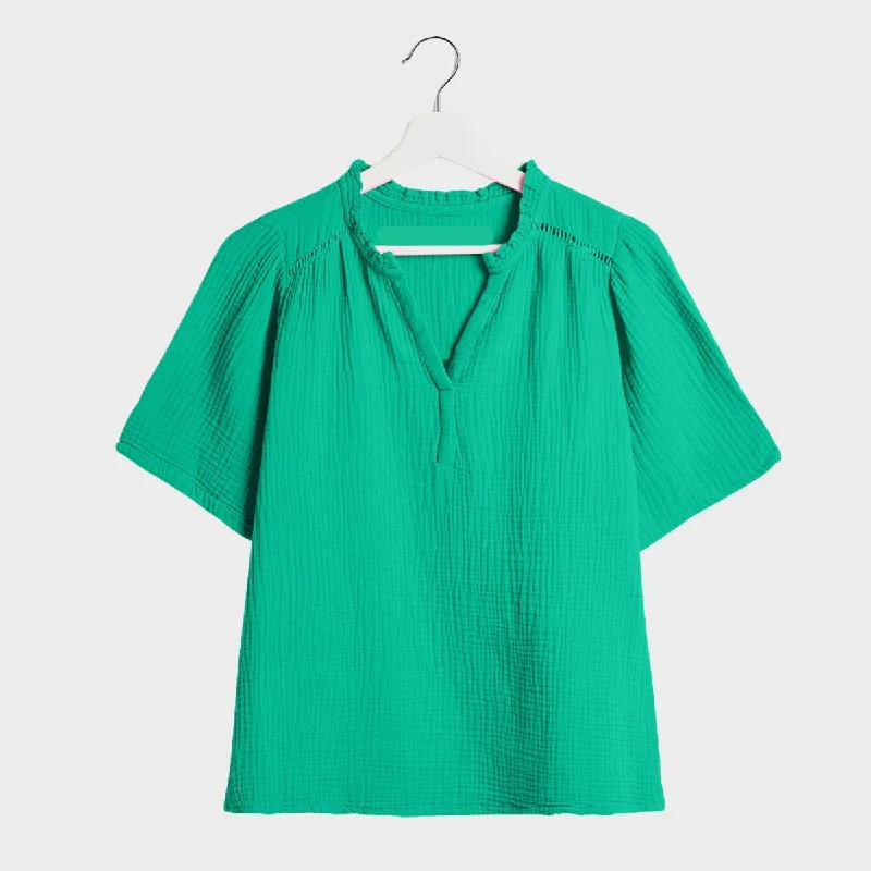 Ladies Double Cloth V-Neck Blouse Balloon Sleeve Blouse