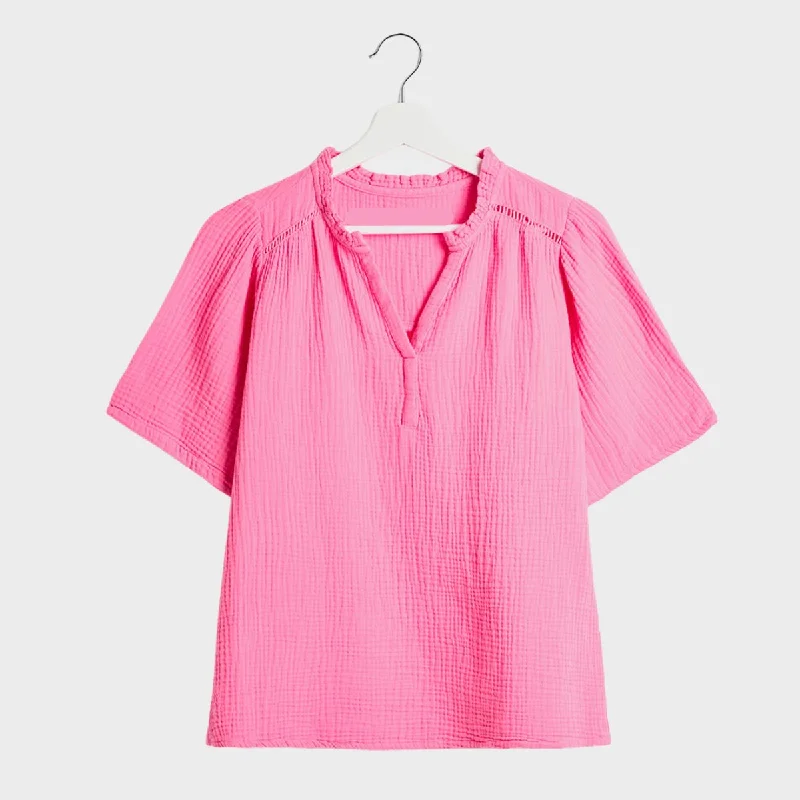Ladies Double Cloth V-Neck Blouse Casual Relaxed Blouse