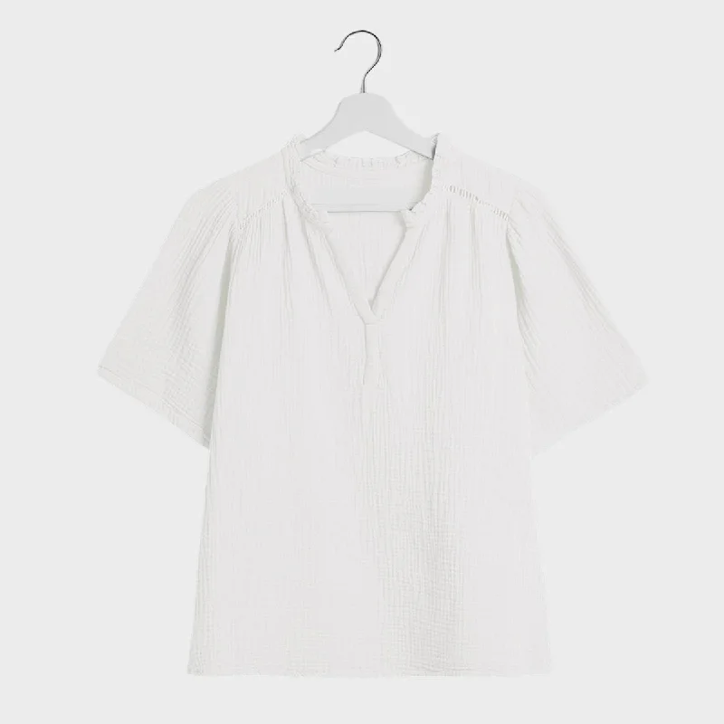 Ladies Double Cloth V-Neck Blouse Embellished Collar Blouse
