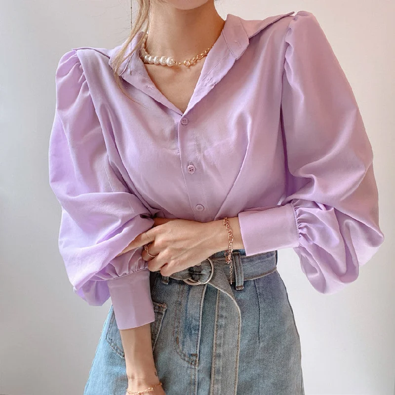 Lapel Single-Breasted Blouse With Lantern Sleeves Women Classic White Blouse