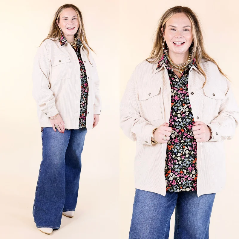 Latte Sips Button Up Corduroy Shacket in Cream Collared Satin Blouse