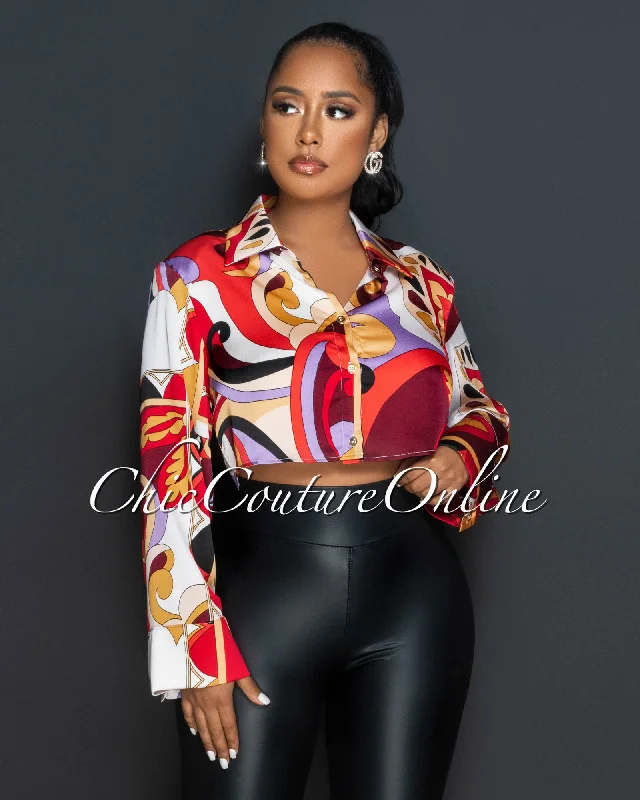 Lisette Red Multi-Color Print Silky Crop Blouse Sheer Mesh Blouse