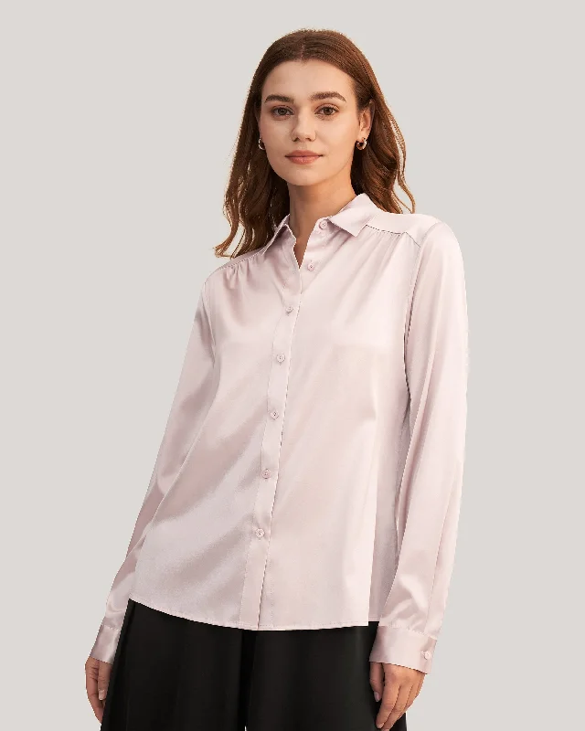 Long Sleeves Collared  Silk Blouse Casual Button Blouse
