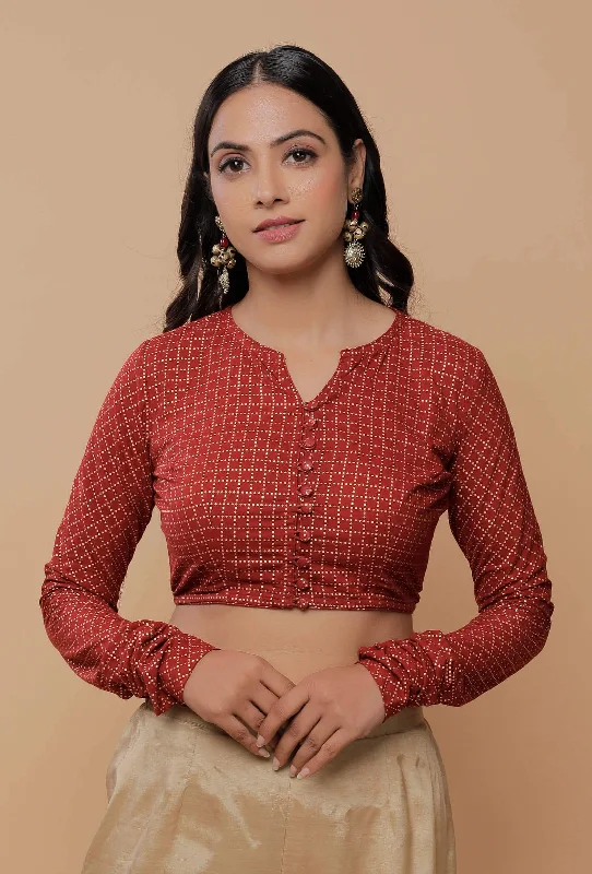 Maroon Handblock Printed Cotton  Full Sleeves Sweatheart Neck Blouse Lightweight Floral Blouse