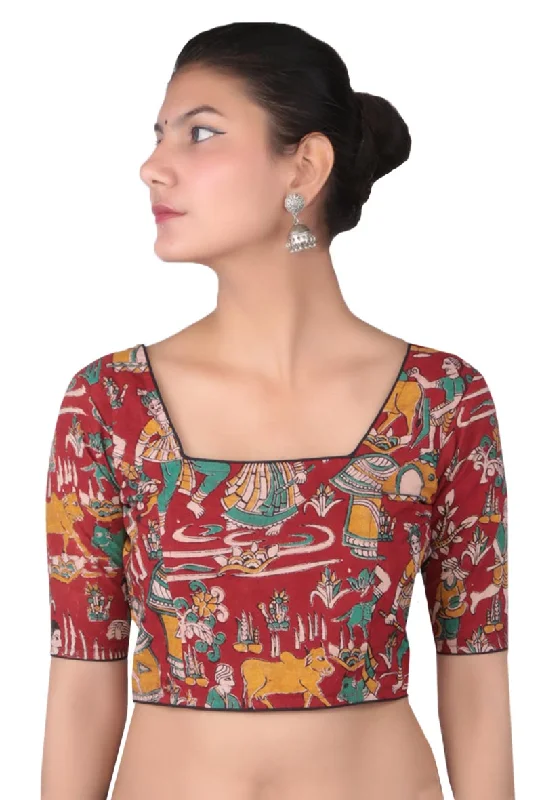 Maroon Kalamkari Printed Blouse Subtle Shimmer Blouse