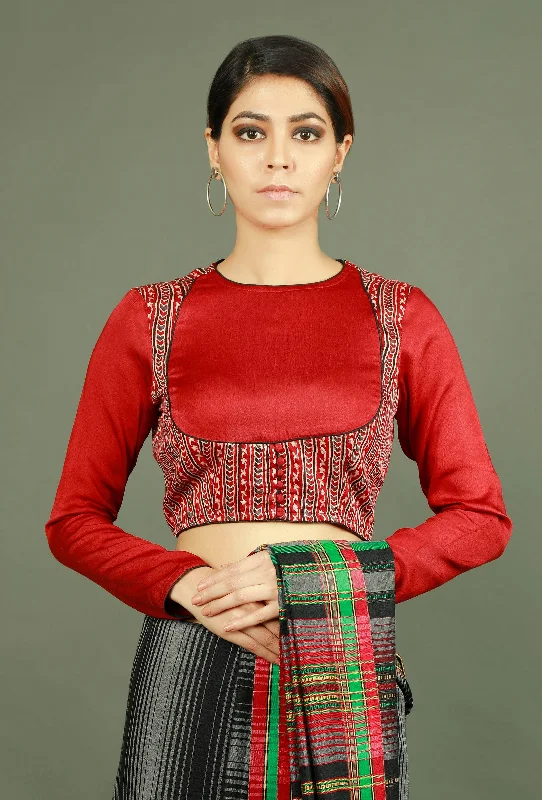 Maroon Modal Silk Ajrakh Blouse Bell Sleeve Blouse