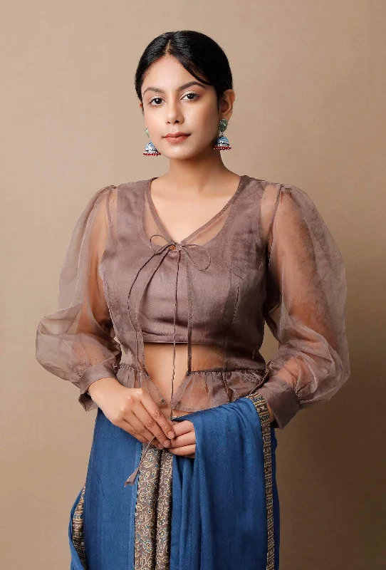 Mud Brown Organza Blouse Embroidered Floral Blouse
